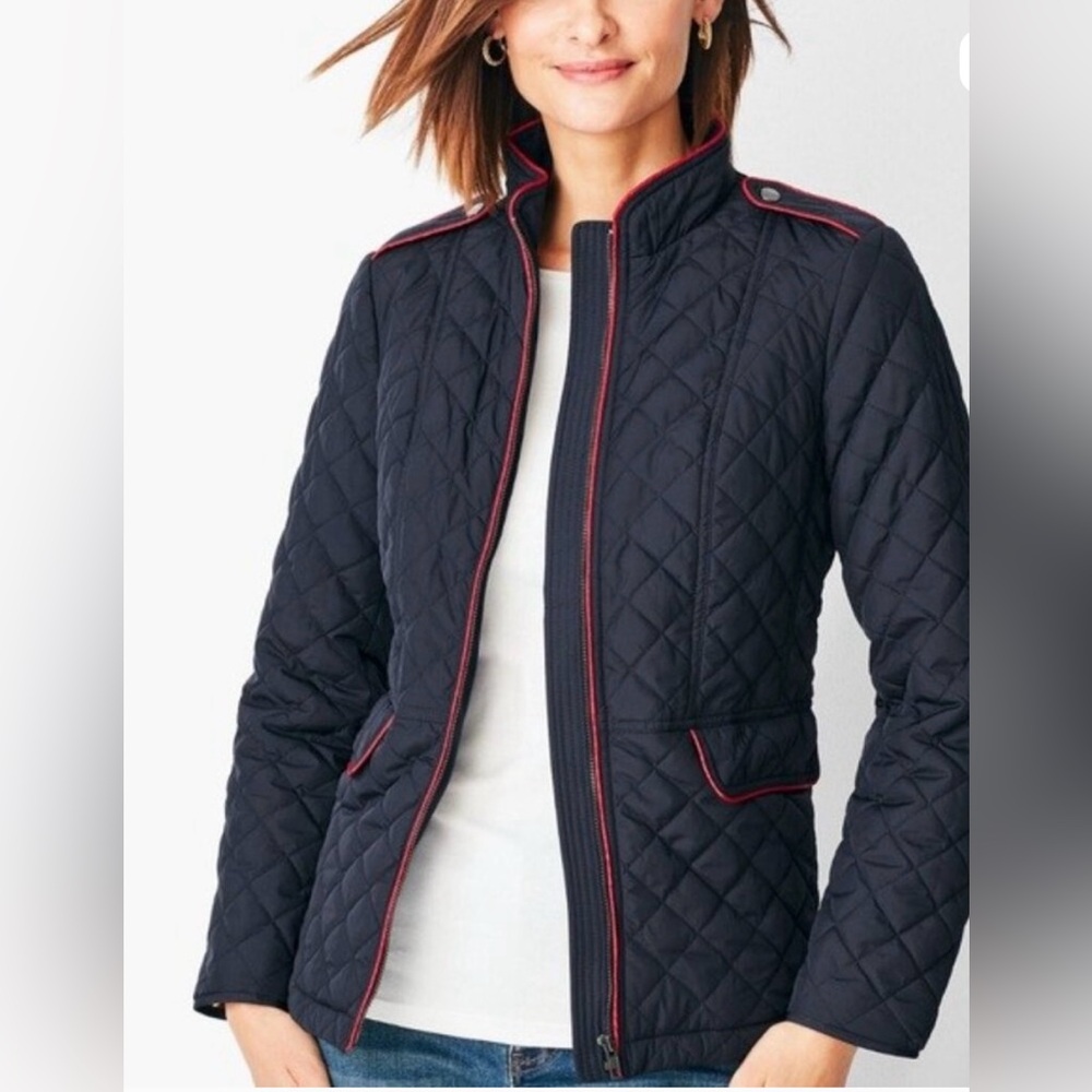 Talbots Navy Quilted Preppy Jacket with Red Trim Size XS ♥️♥️♥️